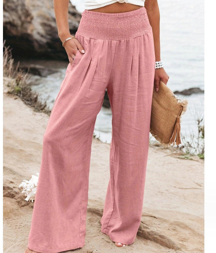 High-Waist Cotton Linen Palazzo Trousers