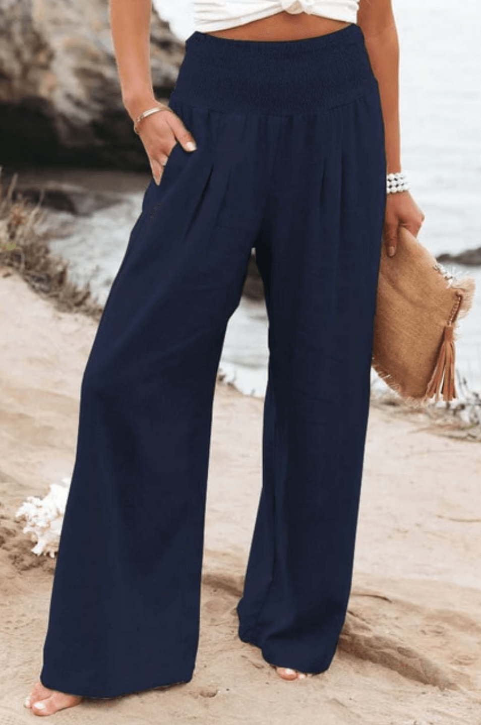 High-Waist Cotton Linen Palazzo Trousers